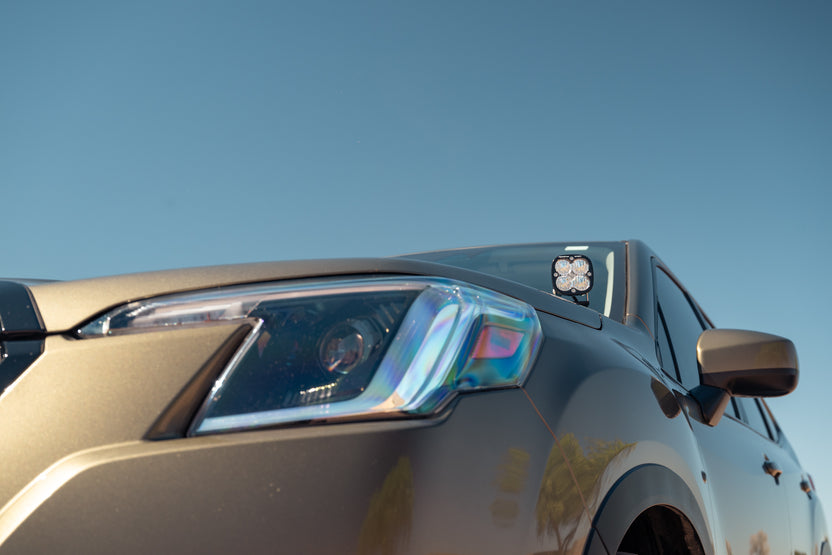 Perfect adjustable Ditch Light Brackets for the 2019-2024 Subaru Forester, pointing lights right toward the front-side of the vehicle