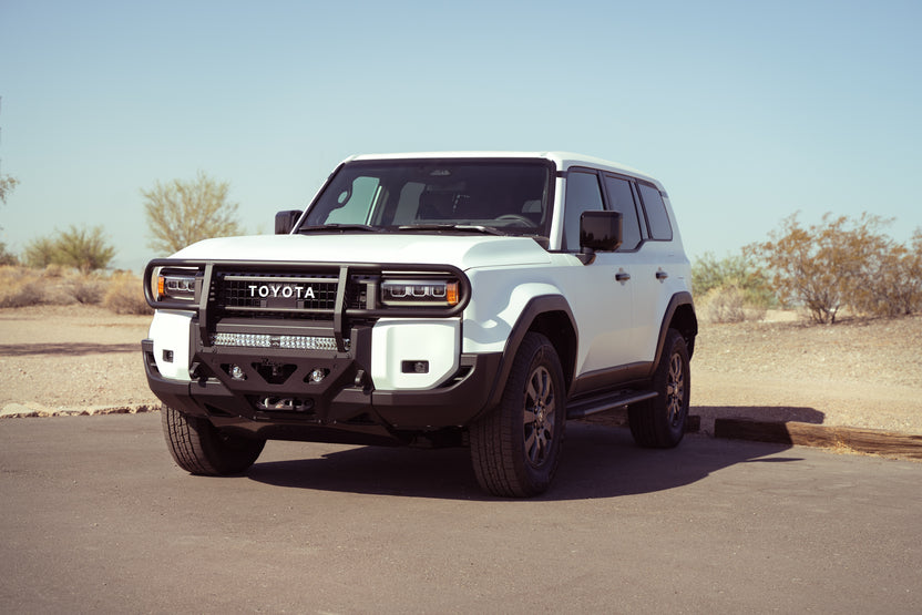 Side angle shot of the Center Mount Winch Front Bumper and Brush Guard for the 250 Series Land Cruiser