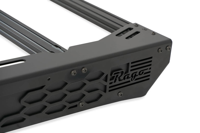 Up-close view of Rago's Satin Black Roof Rack.