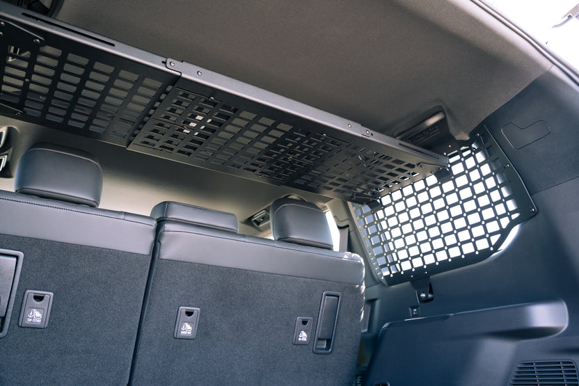 Low angle view of the Molle Panel Storage Shelf for the 2024 Toyota Land Cruiser
