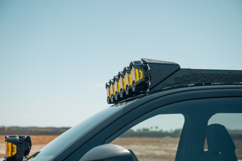 Side-view of Rago's Baja Designs 4Runner and Tacoma Roof Rack Round Light Mount.