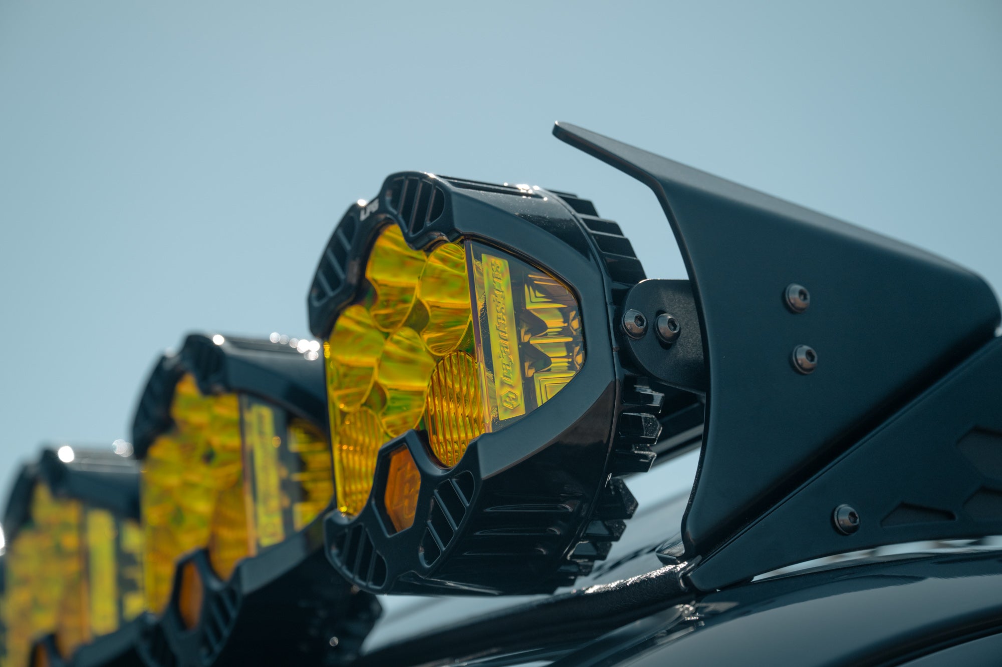 Up-close view of a Baja Designs LP6 light installed to our Round Light Mount.
