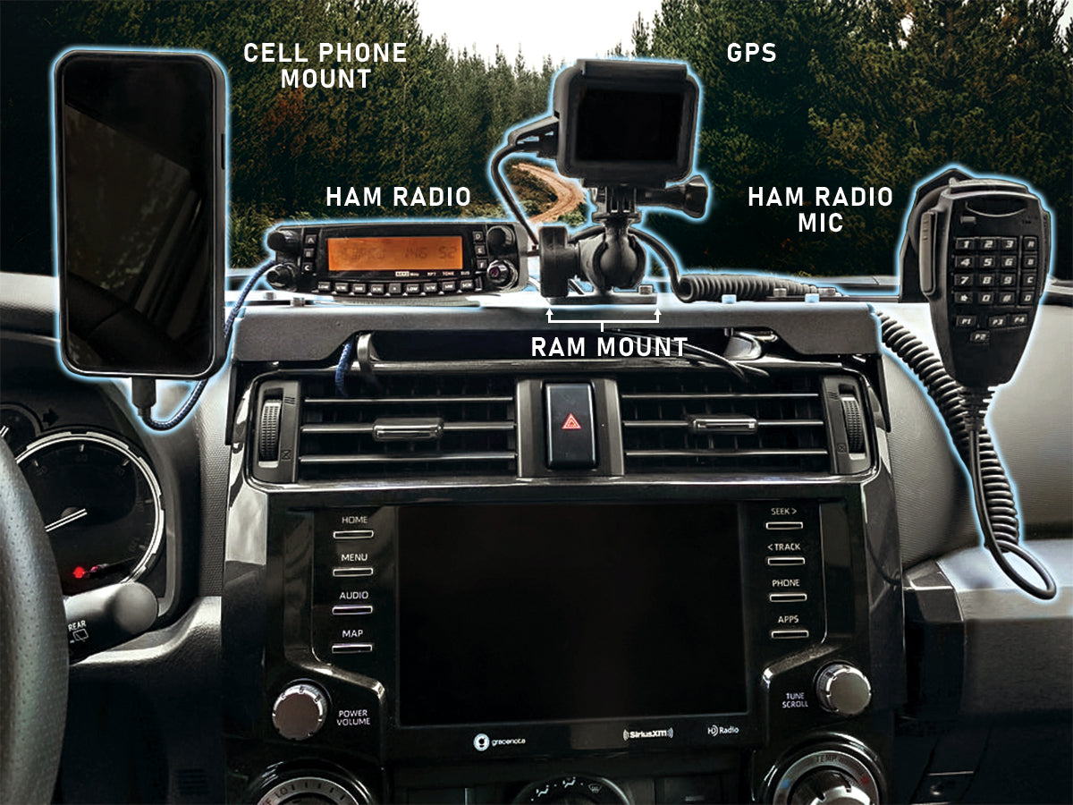 Image of dash mount with all the following mounted at once: cell phone mount, ham radio, GPS, ham radio Microphone, and a RAM mount