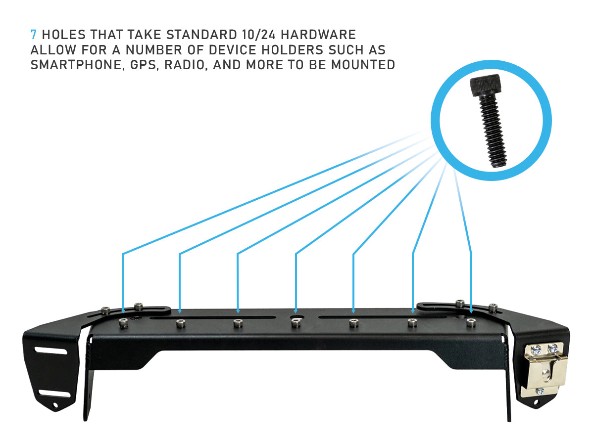 Image Text reads: 7 holes that take standard 10/24 hardware allow for a number of device holders such as smartphone, GPS, radio, and more to be mounted