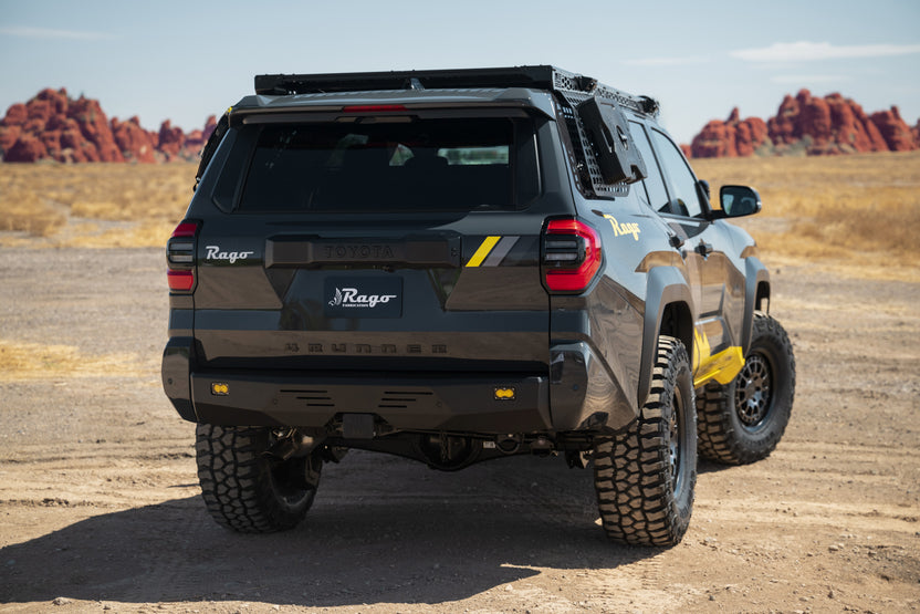 Rago's 6th Gen 4Runner Rear Bumper installed to a vehicle in the desert.