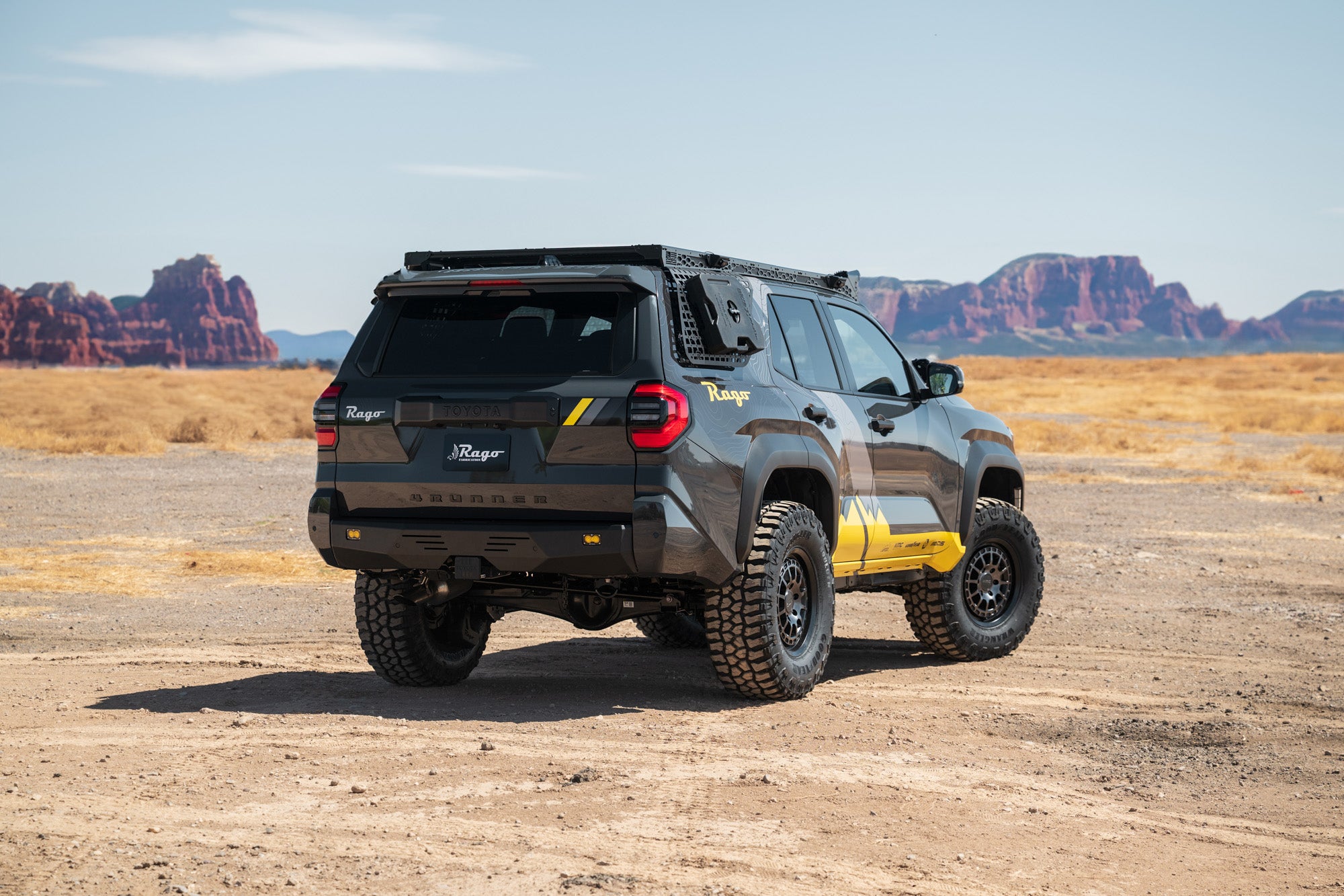 A 6th Gen 4Runner in the desert equipped with a Rago Center Mount Rear Bumper.