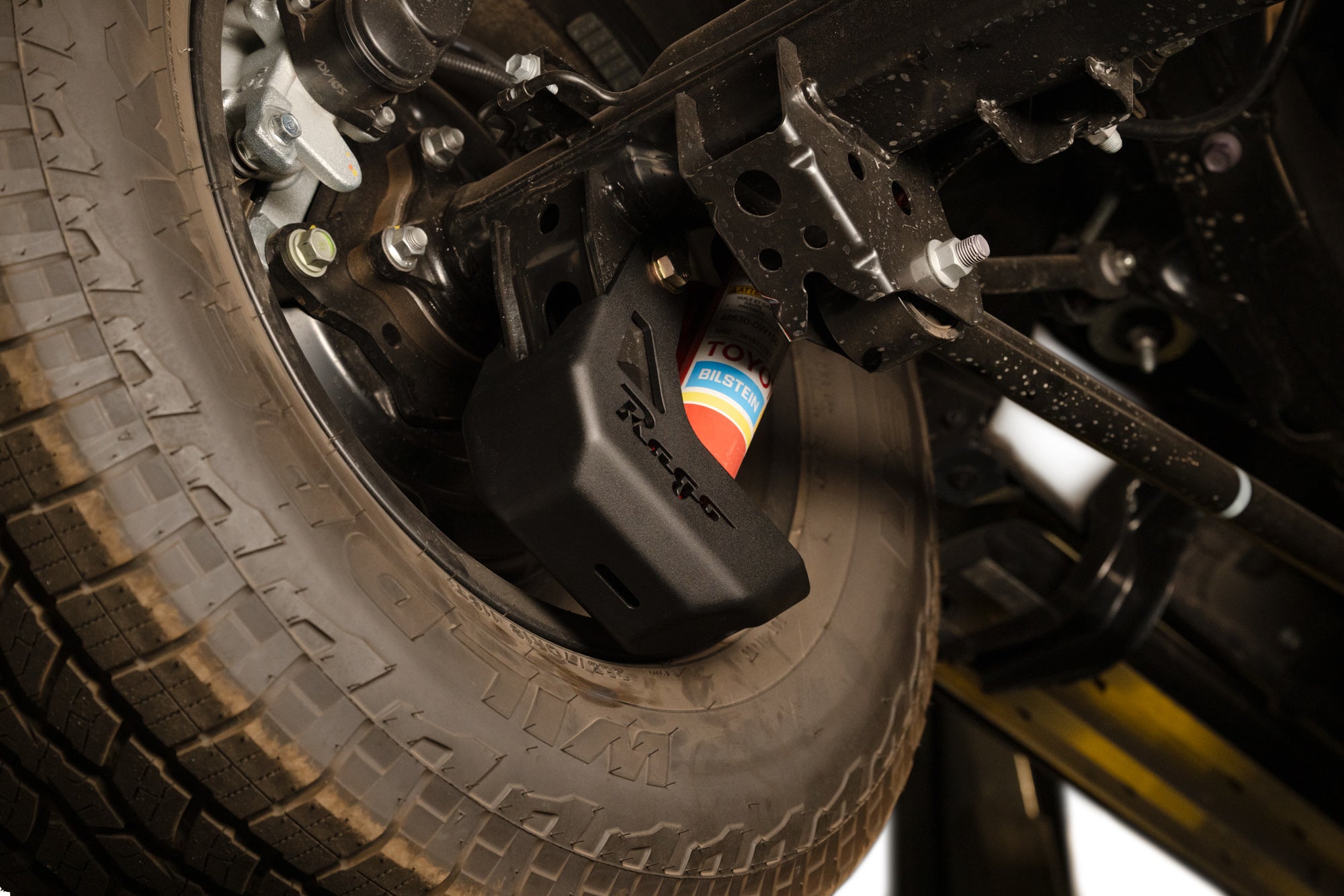 Bottom view of our 6th Gen 4Runner Shock Guards highlighting their drafted leading face and durable steel design.