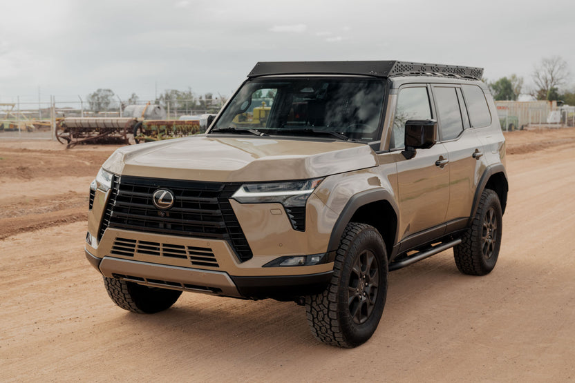 Lexus GX 550 with the solid fairing roof rack. This heavy duty roof rack fits both the GX 550 and the Toyota Land Cruiser 250 series.
