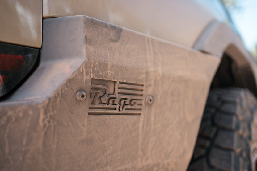 Dirty/dusty full-width, steel, off-road rear bumper for the Lexus GX 550.