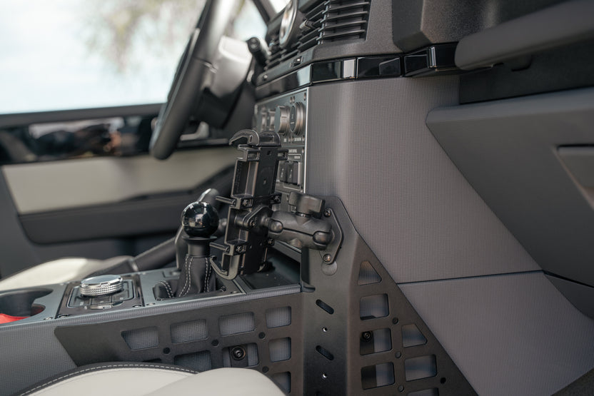 Passenger side view of the Center Console Molle Panels for the 2022-2026 INEOS Grenadier & Quartermaster