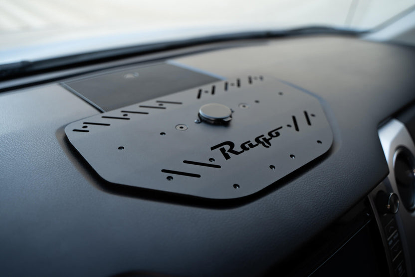 2nd Gen Toyota Tundra Modular Dash Digital Device Mount, Interior view showing Rago Logo