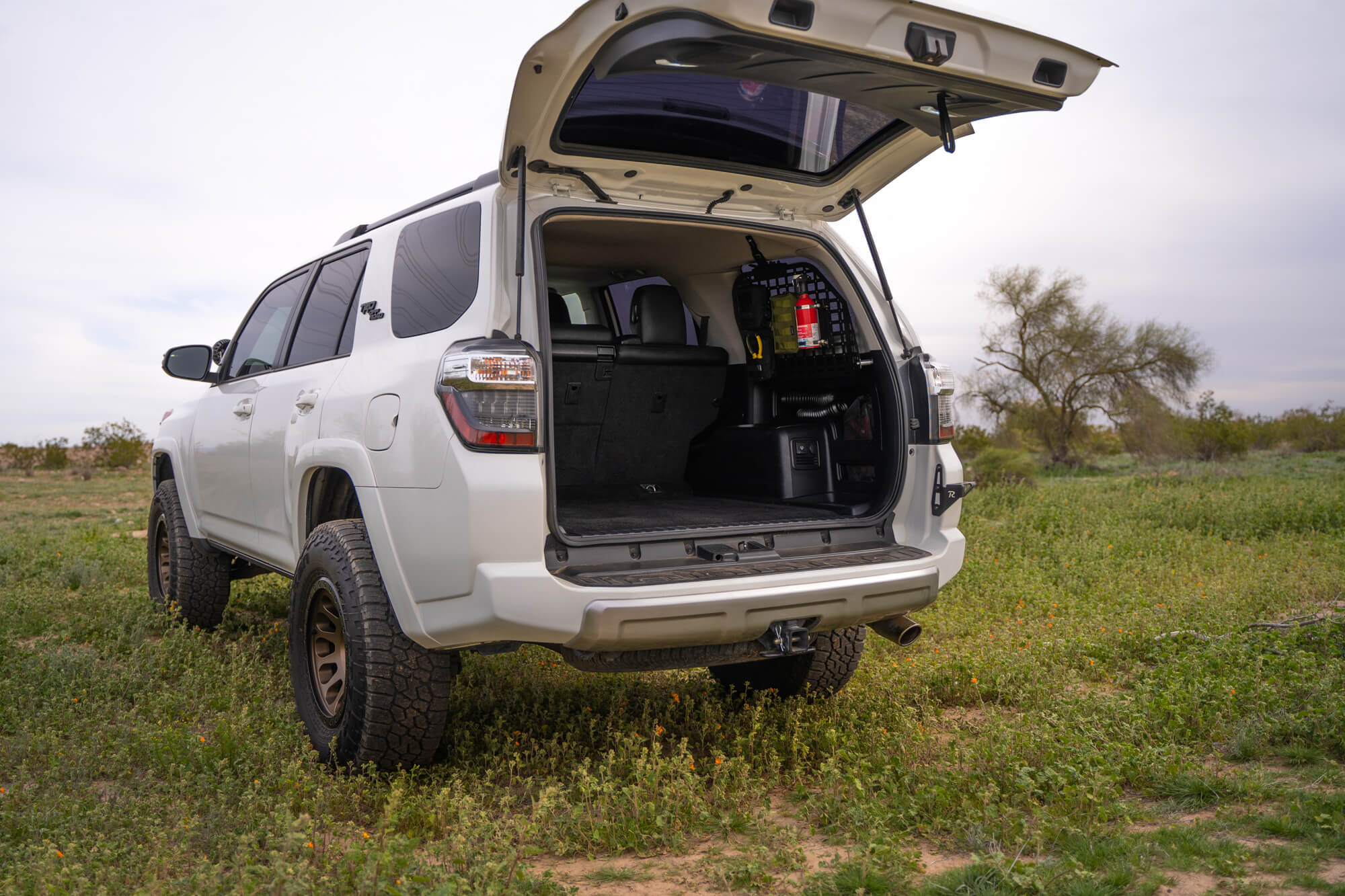 5th Gen 4Runner Molle Panel Installed. Outdoor Picture with back door open.