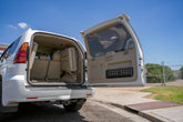 Lexus GX 470 Molle Cargo Cage - Cargo Net Replacement, back door open showing the cage mounted on the door